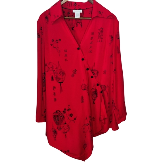Soft Surroundings Wrap Top Womens Large Red Asian Oriental Pagoda Japanese - Picture 16 of 16